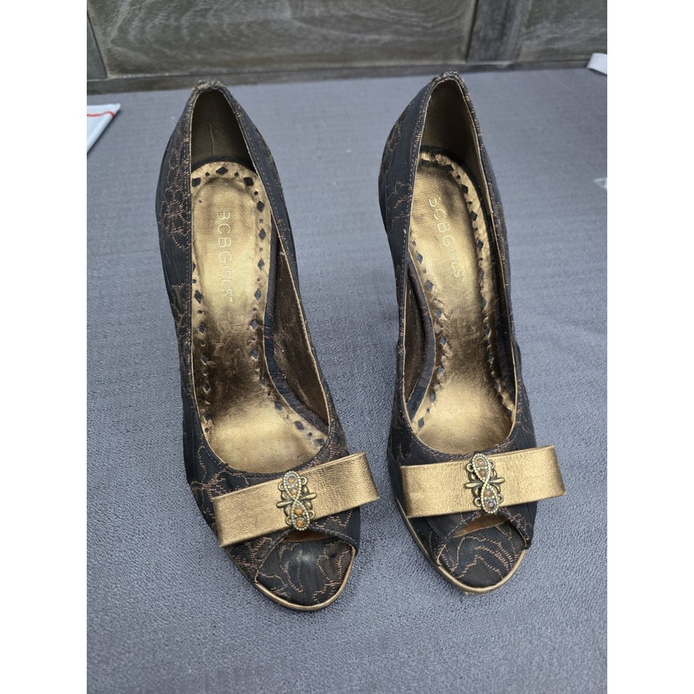 BCBGirls Black Bronze Brocade Peep Toe Heels Pumps Leather 5.5B Womens